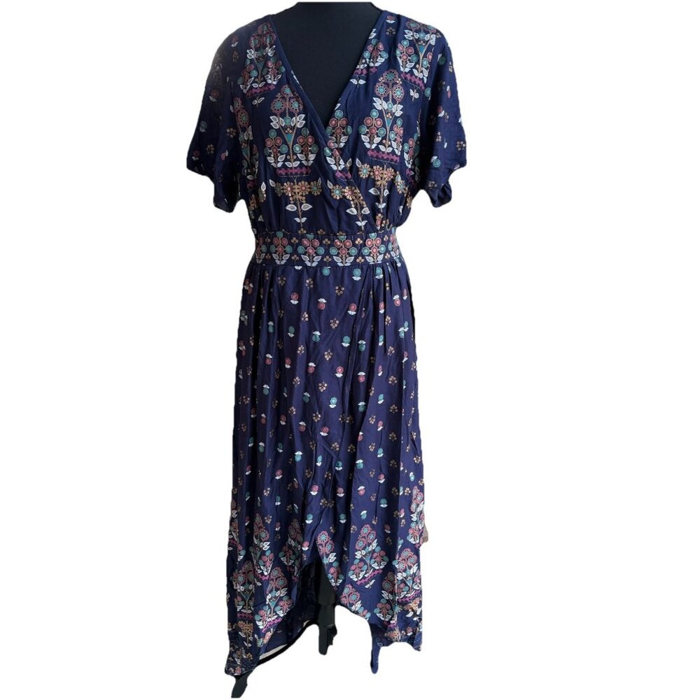 Lapogee Women's India Blue Maxi Dress V-Neck Short Sleeves One Size